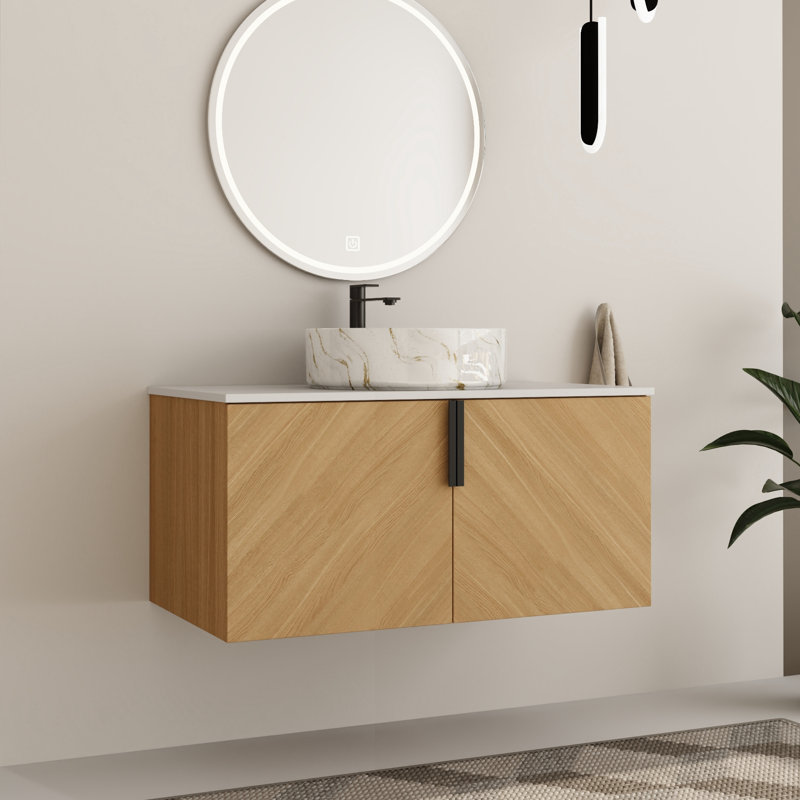  Caldicot 36'' Wall-Mounted Single Bathroom Vanity with Engineered Stone Top and Ceramic Vessel Sink, White / Golden, 36"