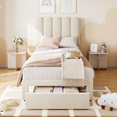 Structure de lit simple avec tiroir de rangement et tête de lit, structure de lit plateforme tapissier en velours pour filles, support de lattes en bois robuste, silencieux et facile à assembler (beige)