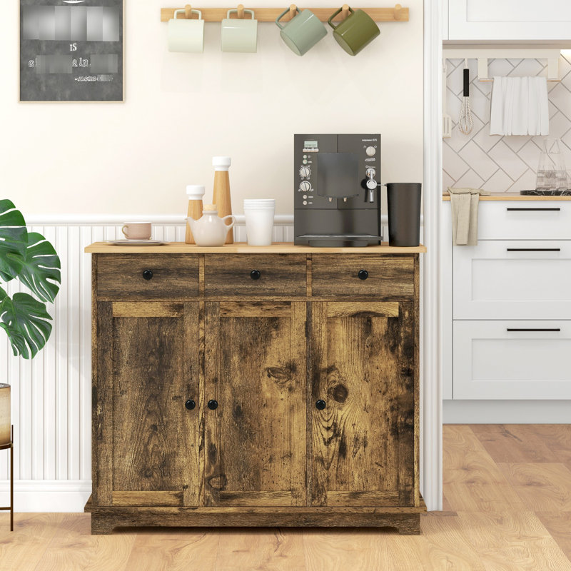 Sideboard Storage Cabinet, Rustic Brown With Solid Wood Countertop And 3 Drawers - Kitchen Cabinet Adjustable Shelves