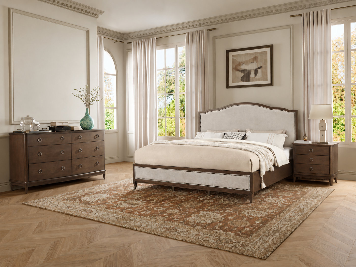 Riverstone Upholstered Bedroom Set, 4 Pcs: Bed, Dresser, 2 Nightstands, King