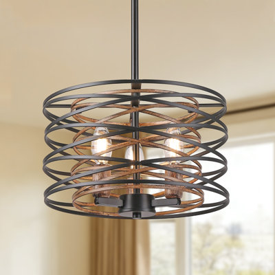 13" Farmhouse Chandelier, 3-Light Rustic Drum Pendant with Retro Wood Interior for Dining Room Kitchen Entryway