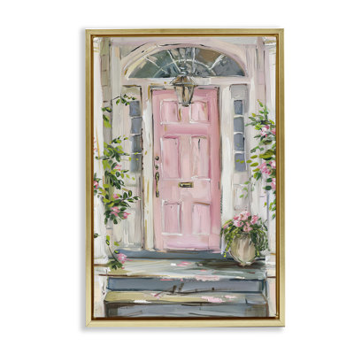 Toile flottante encadrée «Pink Door Welcome» par Petal Prints Design