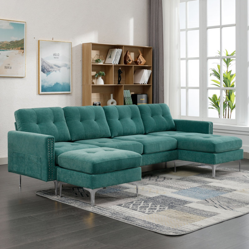 110" L-Shape Convertible Sectional Sofa Couch, Black Velvet, Silver