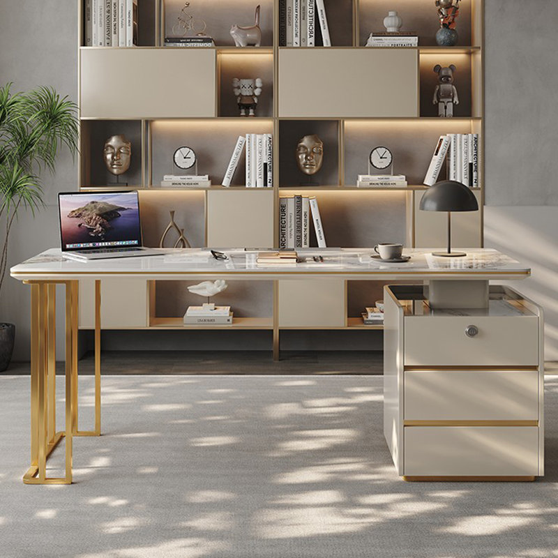 Bureau rectangulaire blanc et doré, Orienté à droite, H 29,53 po x l 62,99 po x P 27,56 po