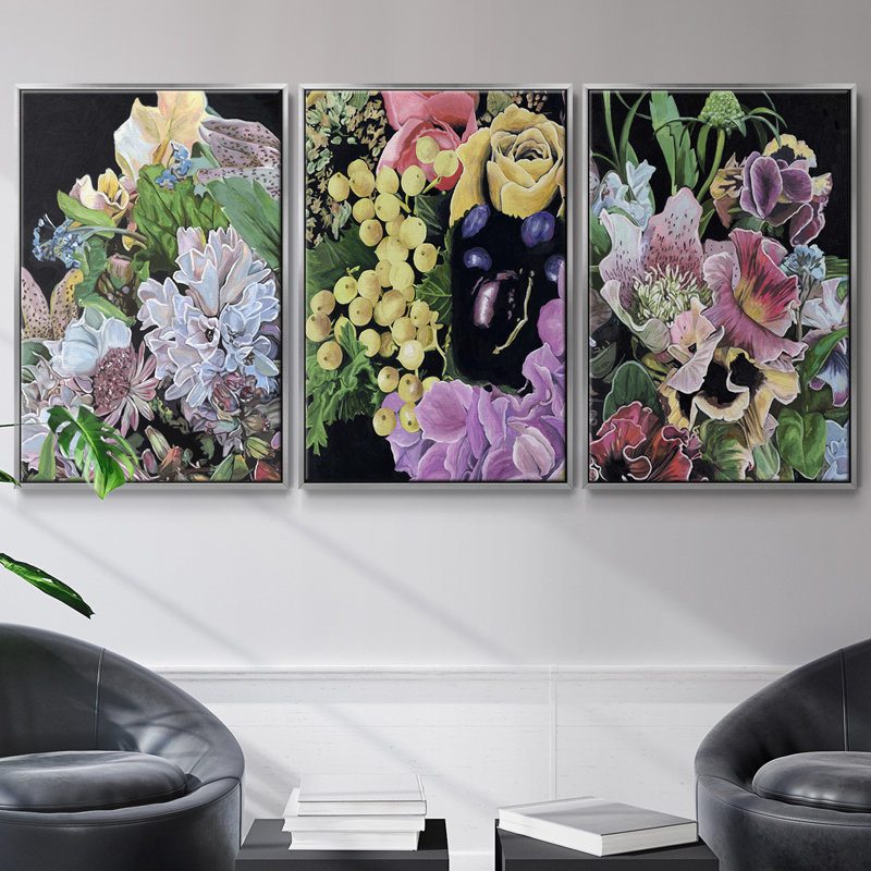 Floral Crop I, ensemble de 3 toiles encadrées, H 27 po x l 54 po, Encadrement argenté