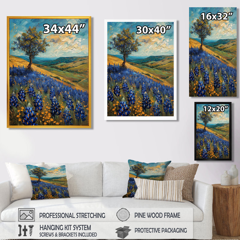 «Blue Green Morning Magic Blue Bonnets Fields» - art mural Bonnets bleus, H 12 po x l 20 po, Cadre simple noir