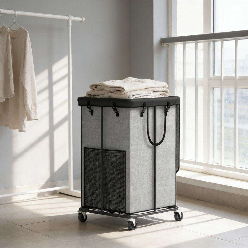 Grand panier à linge avec couvercle et roulettes, structure en métal robuste et sac en tissu Oxford amovible, panier de rangement grande capacité pour la maison, le dortoir ou la salle de lavage