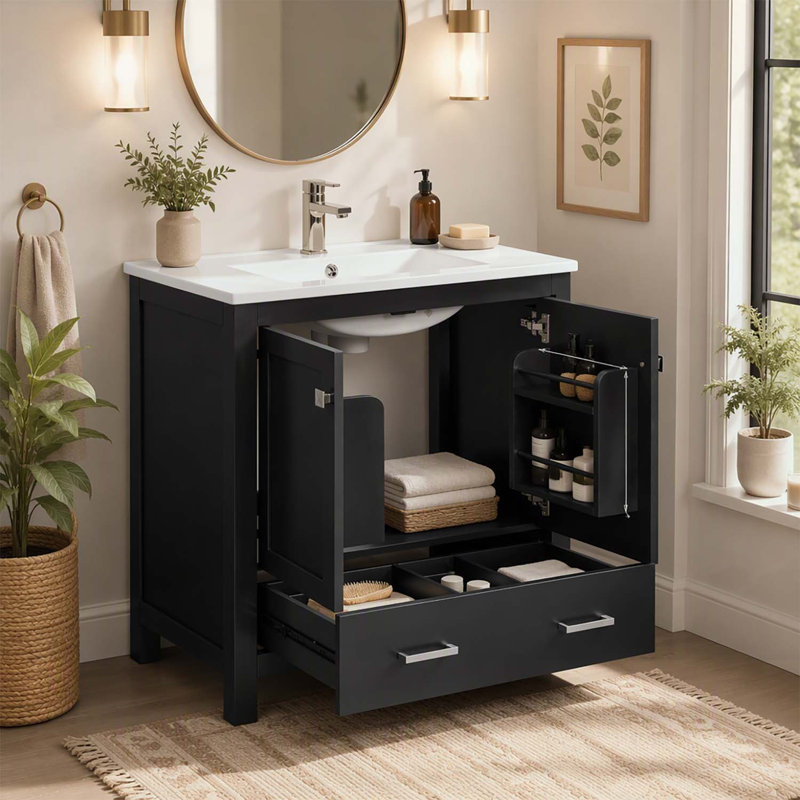 Meuble-lavabo noir de 76 cm (30 pouces) avec lavabo simple, meuble combiné, lavabo encastré et rangement multifonctionnel