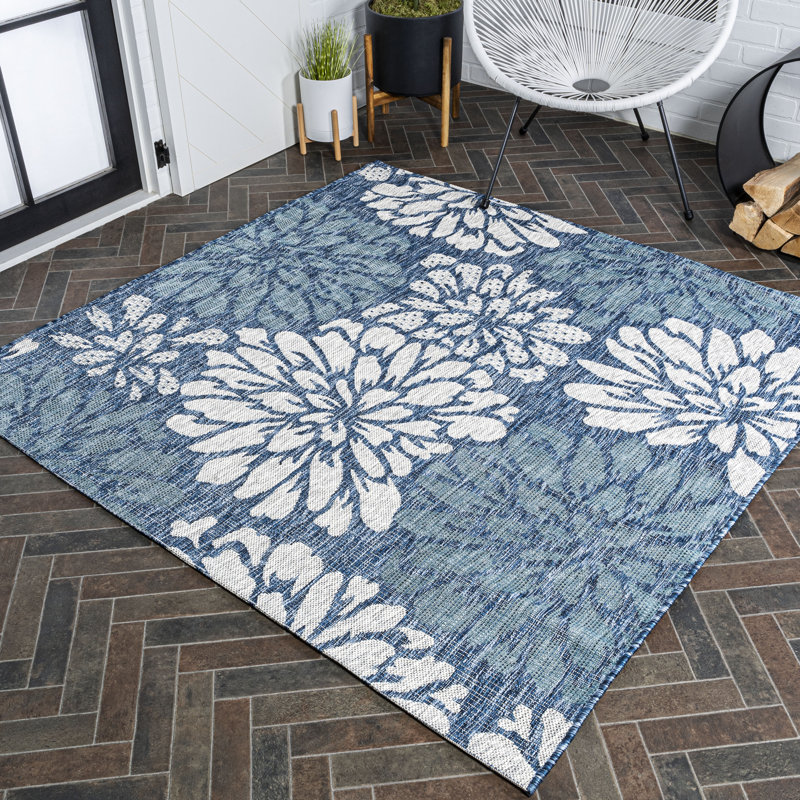 Hagy Modern Floral Textured Weave Navy/Aqua Indoor/Outdoor Rug, Square 3'1"