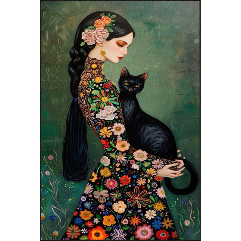 Tapis floral femme et chat, Rectangle 4 pi 8 po x 6 pi 7 po