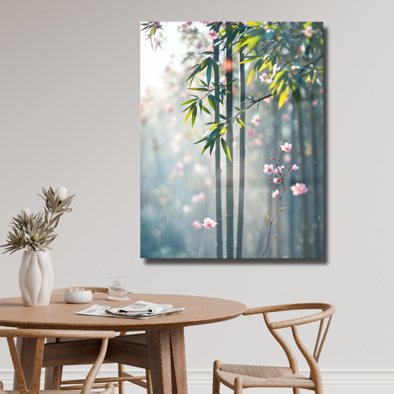 Art mural en verre trempé fleur de cerisier en bambou, H 40 po x l 30 po