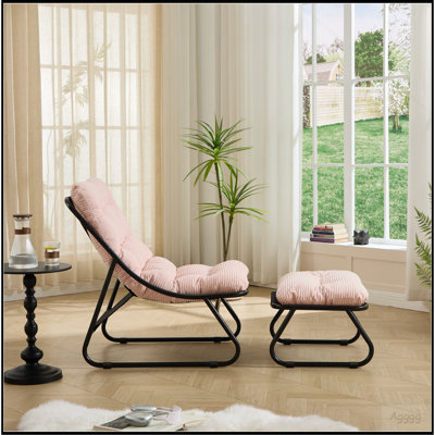 Méridienne d'extérieur pour patio avec repose-pieds, fauteuil inclinable confortable avec coussin gonflable et repose-pieds, idéale pour le salon, la chambre à coucher, la salle de lecture, structure noire avec coussin rose
