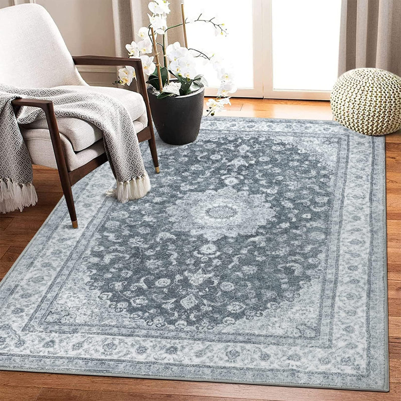 Floral Machine Printed Area Rug, Rectangle 160 cm x 230 cm, Gray