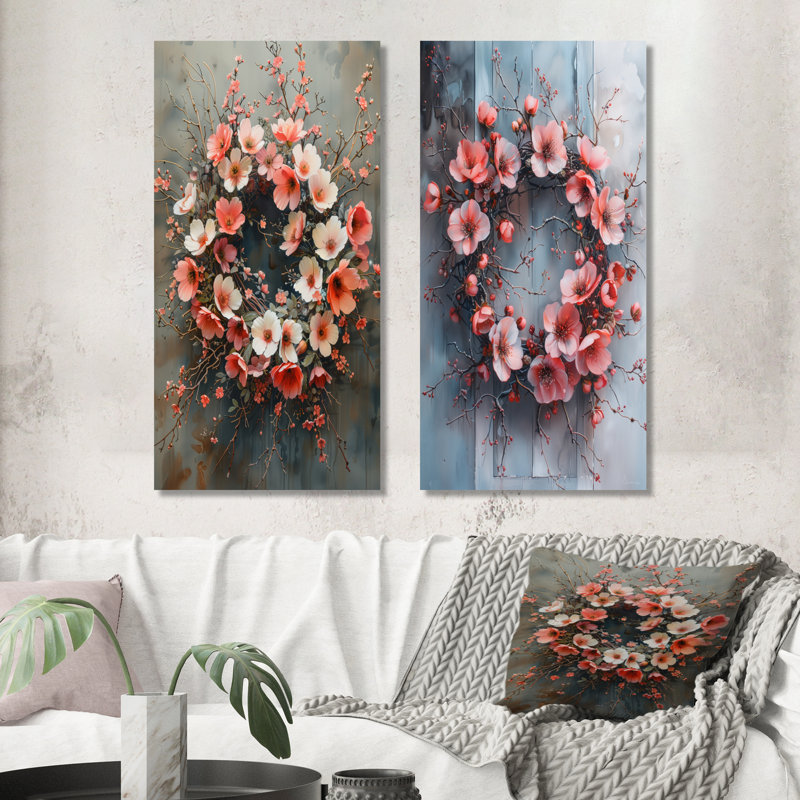 «Pink Whispers Of Spring Wreath I», ensemble de 2 pièces d'art mural couronne, Ne s’applique pas, Toile tendue sur cadre
