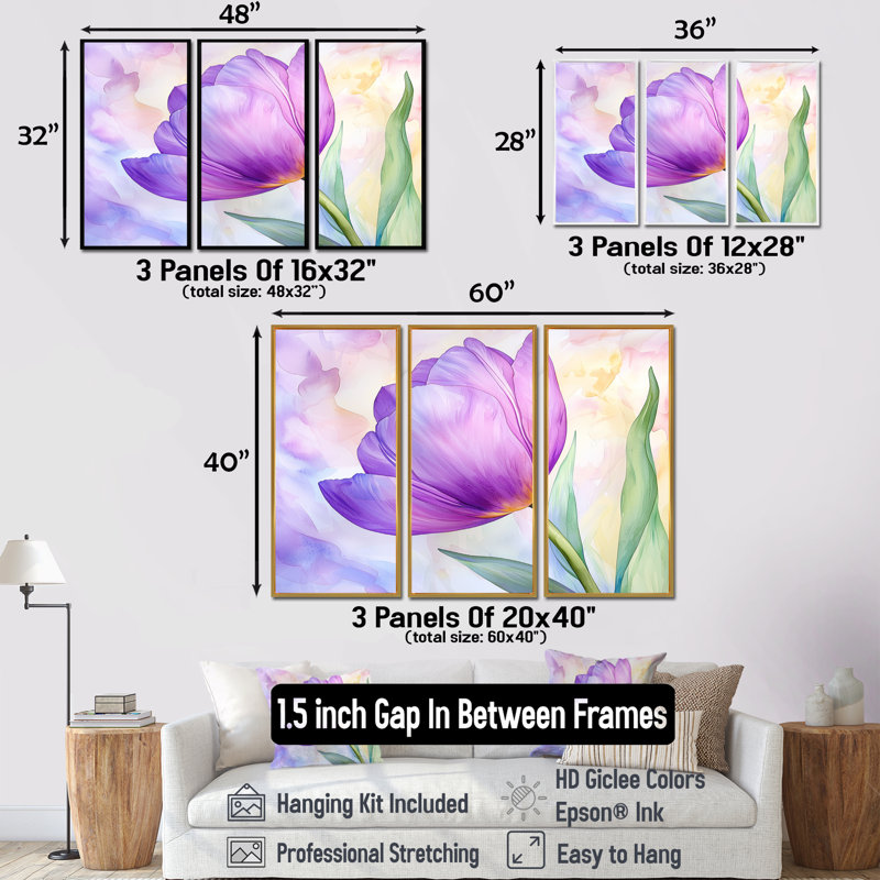 «Summer Blossom of Purple Tulip V», ensemble de reproductions d'art mural, H 40 po x l 60 po, Blanc