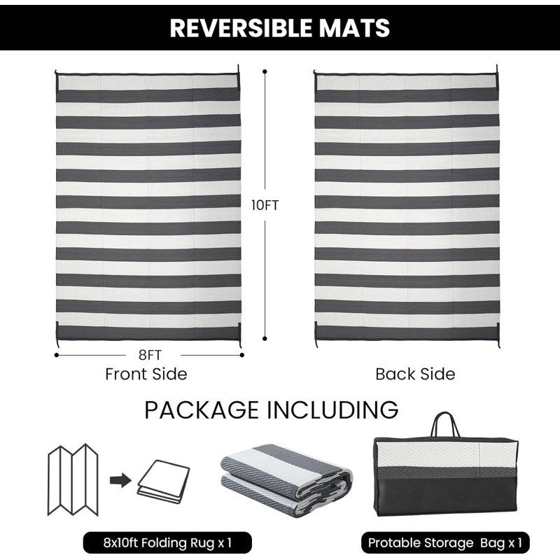 Indoor Outdoor Rug Reversible Plastic Straw Waterproof Patio Area Rug, Black & White, rugs, Rectangle 8' x 10'