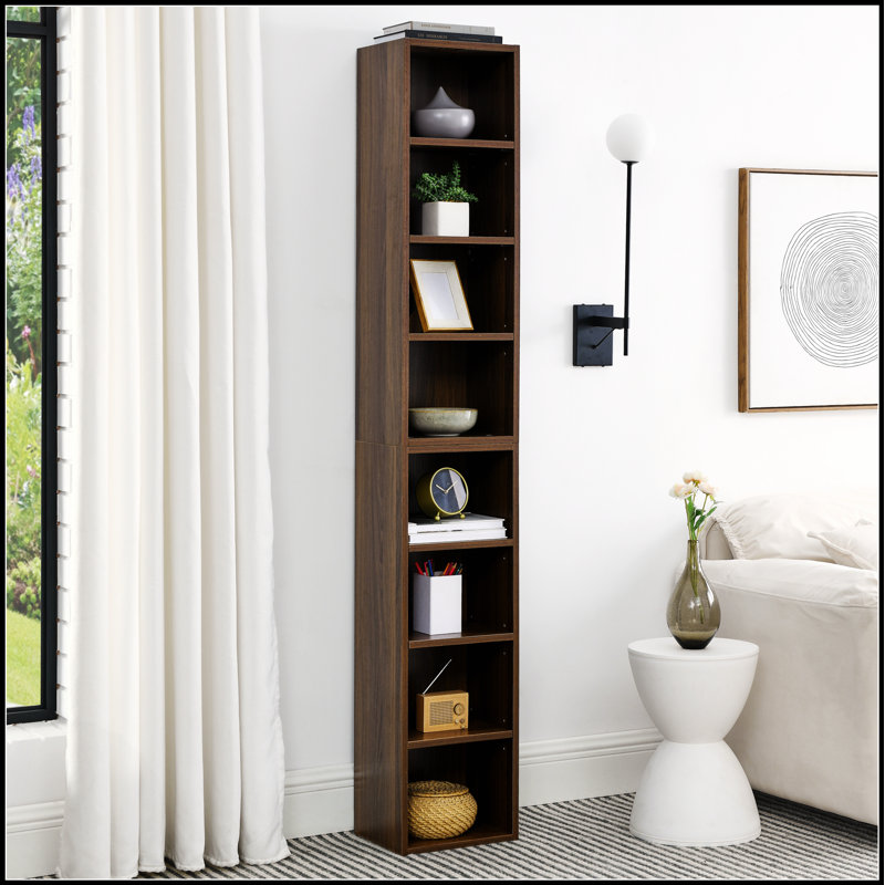 8-Tier Media Tower Rack, Adjustable Shelves, Slim Storage Cabinet For Cds, Dvds, Books, And Decor, For Small Spaces, Walnut