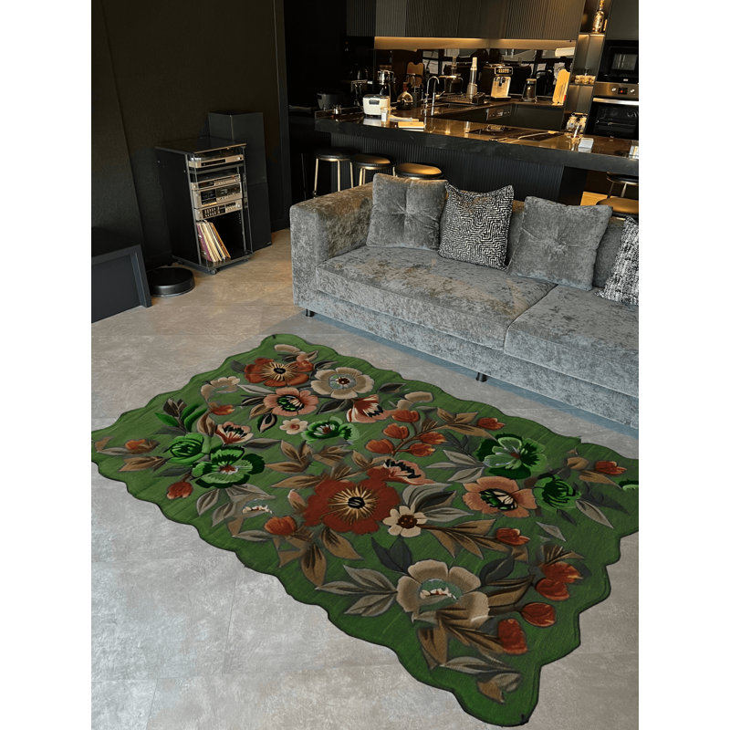 Tapis décoratif moderne à motif floral à fleurs vertes Shape Collection, Rectangle 5 pi 1,02 po x 7 pi 6,55 po