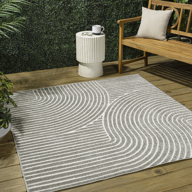 Hallie High-Low Minimalist Curve Geometric Gray/Ivory Indoor/Outdoor Rug, Square 7'