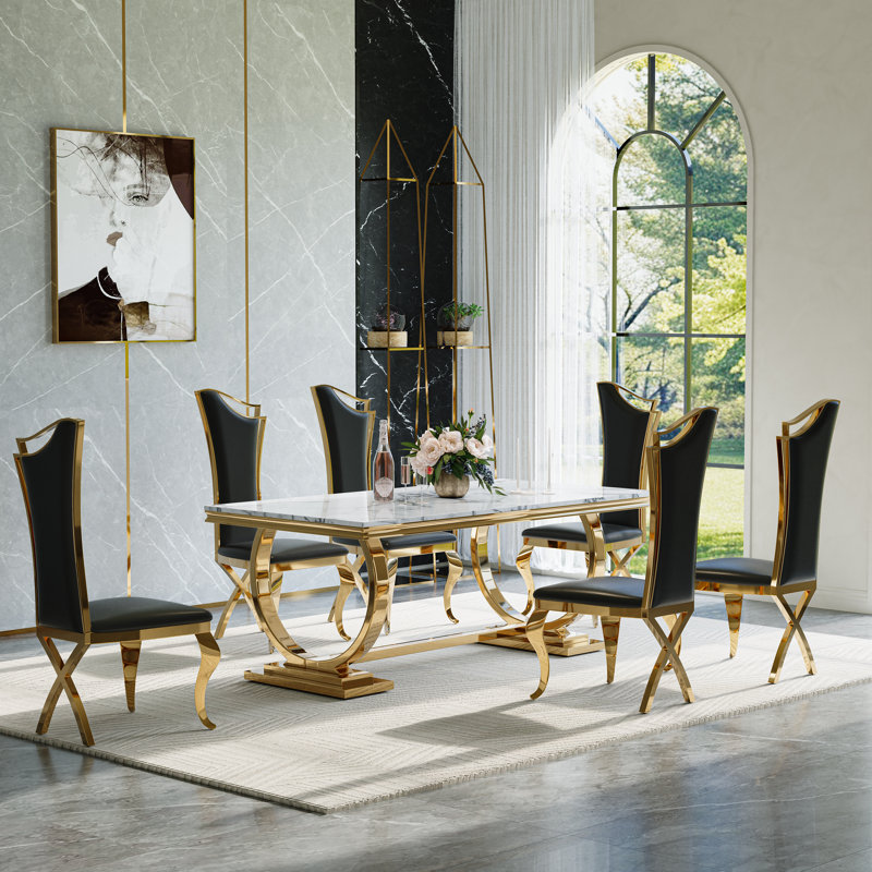 Ensemble de salle à manger 7 pièces 7 pièces - Table en placage de marbre 70 po avec base en acier inoxydable et 6 chaises rembourrées