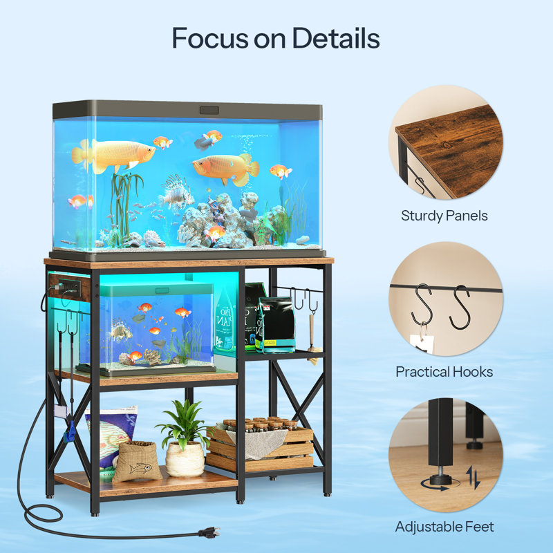 Black and Brown Metal Aquarium Stand with LED Light and Power Outlets