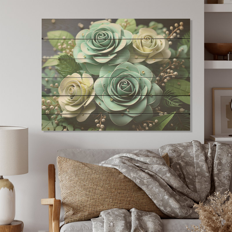 Meticulously Rendered Roses I - Roses Wood Art On Natural Pine Wood, 24" H x 32" W