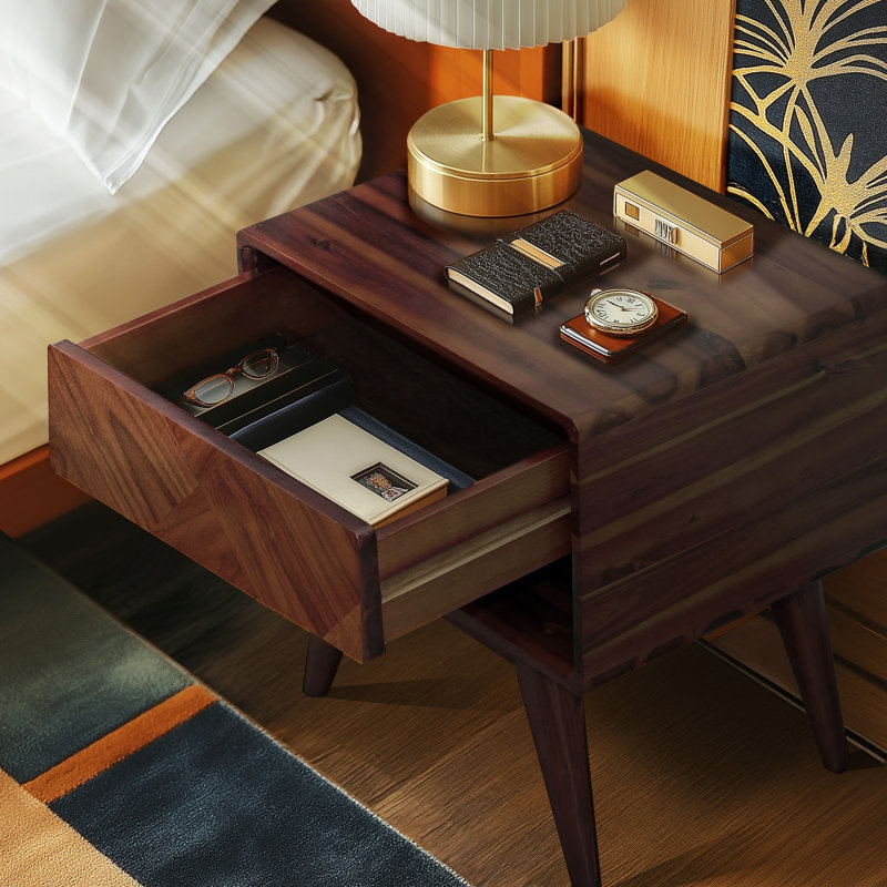 Laden Solid Acacia Wood Nightstand, Bedside Table With Drawer & Open Shelf, Mid-Century Art Deco End Table, Scratch & Water-Resistant