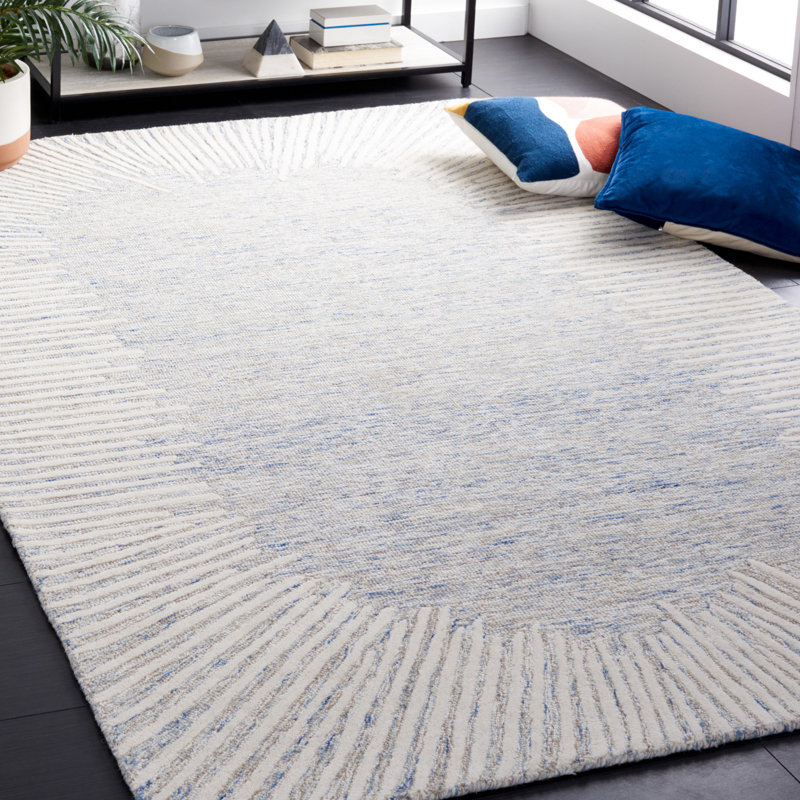 Tapis bleu / ivoire en laine / coton touffeté à la main Antonitte, Rectangle 8 pi x 10 pi