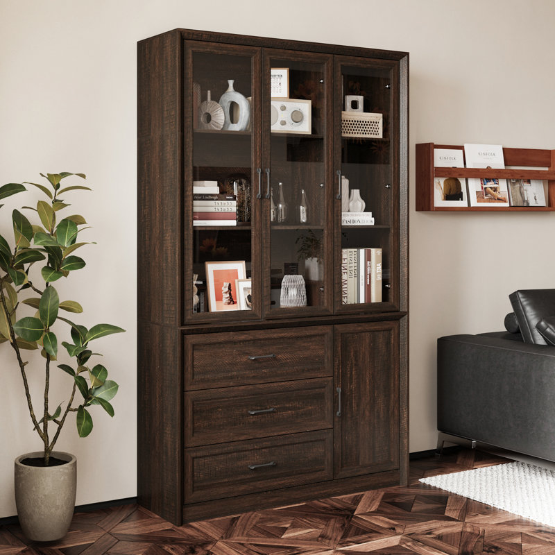 80'' H X 47.4'' W 3-Drawer Display Bookcase With Glass Doors, Brown