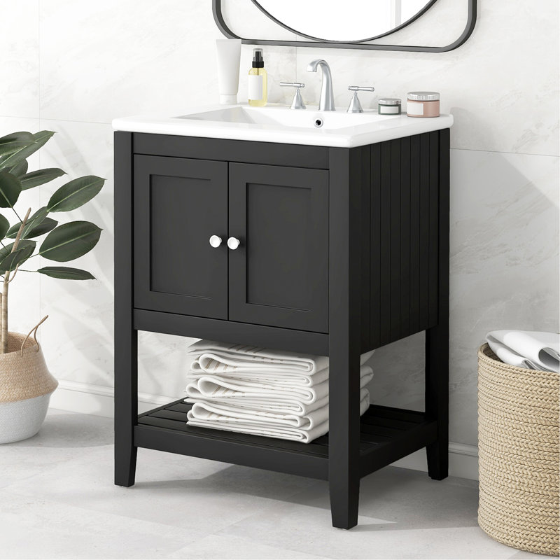 Lavabo de salle de bain moderne élégant en céramique avec tablette ouverte en bois massif