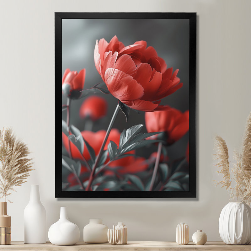 Van - pivoines, art mural, H 30 po x l 40 po, Cadre noir