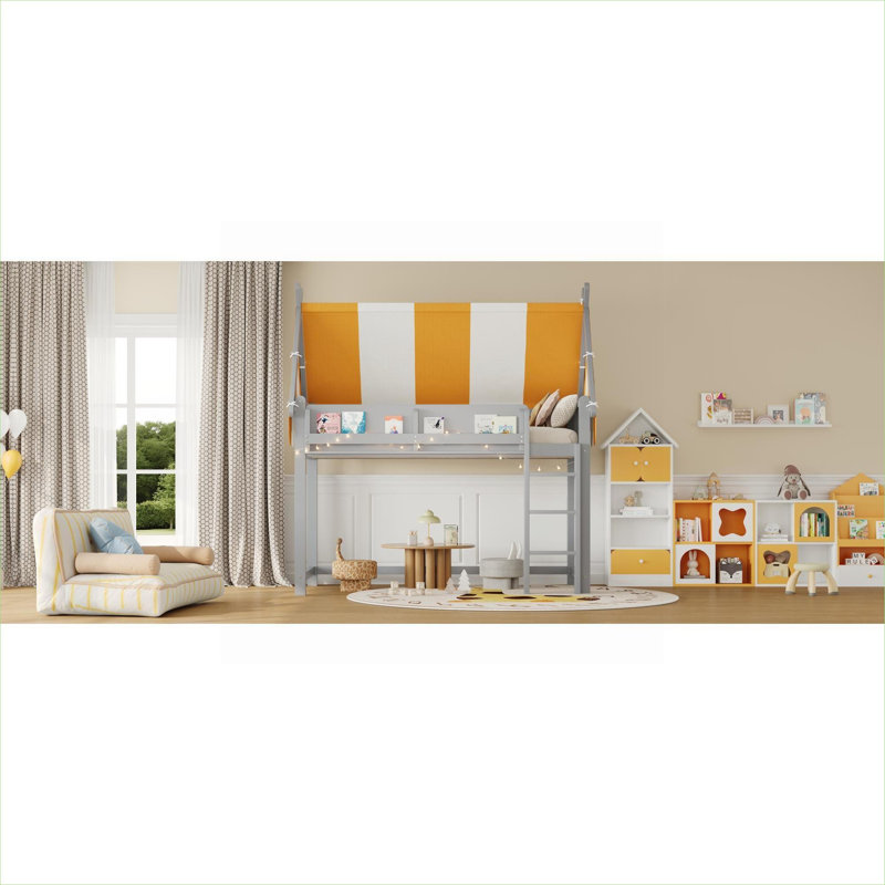 Child’s Bedroom Classic Gray Solid Wood Twin Size Loft Bed With Canopy, LED Lights and Front Display Bookshelf, Twin