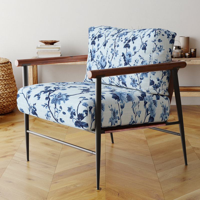 Chaise d'appoint Coastal - Fauteuil Blue Toile, Bras ronds bruns