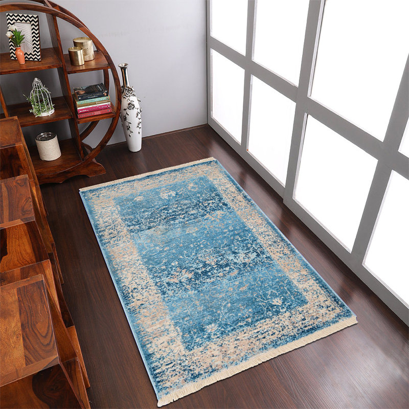 Crayton Machine Made Polyester Area Rugs - Blue Color, Oriental Design, Low Pile Machine Made Area Rugs for Living Room, Bed Room