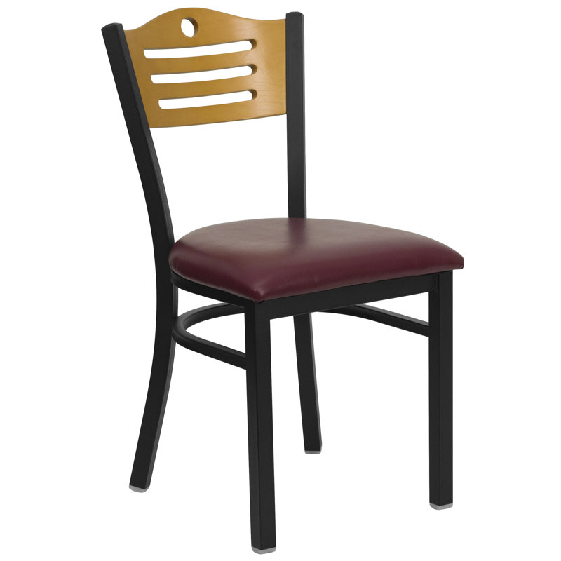Elkton Slat Back Metal Restaurant Chair with Natural Wood Back and Vinyl Upholstered Seat, Burgundy