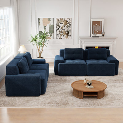 Ensemble de canapé de salon 2 pièces en velours côtelé avec 4 sièges capitonnés sans assemblage, bleu marine