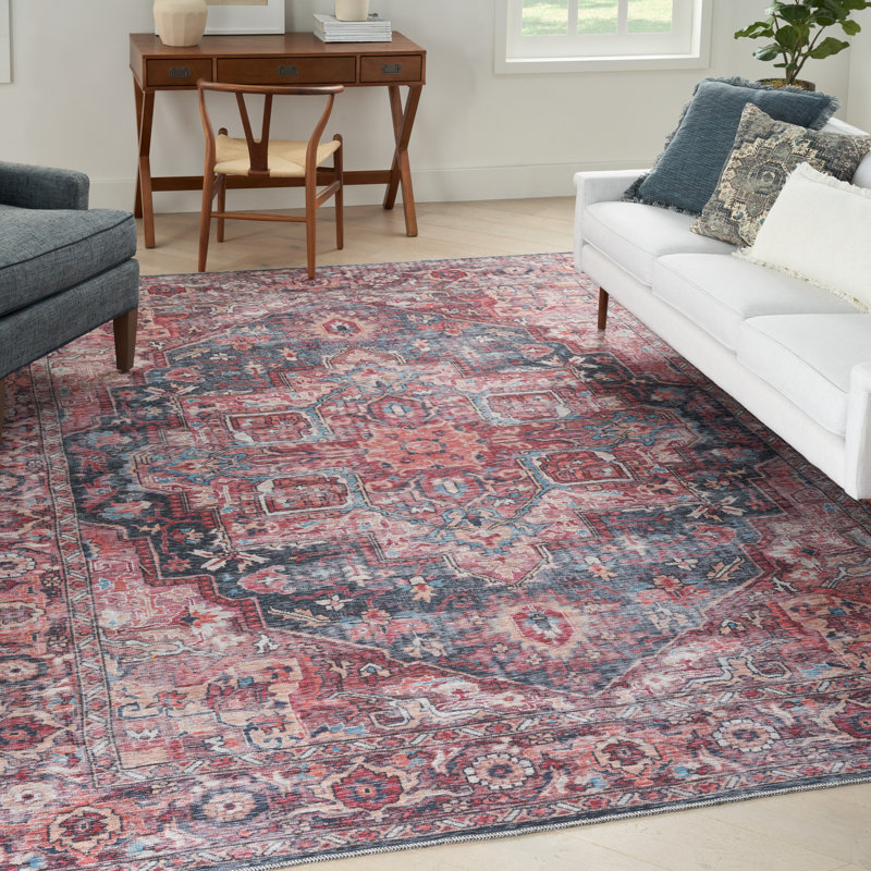 Machine Washable Oriental Blue/Brick Red Area Rug, Rectangle 9'2" x 12'