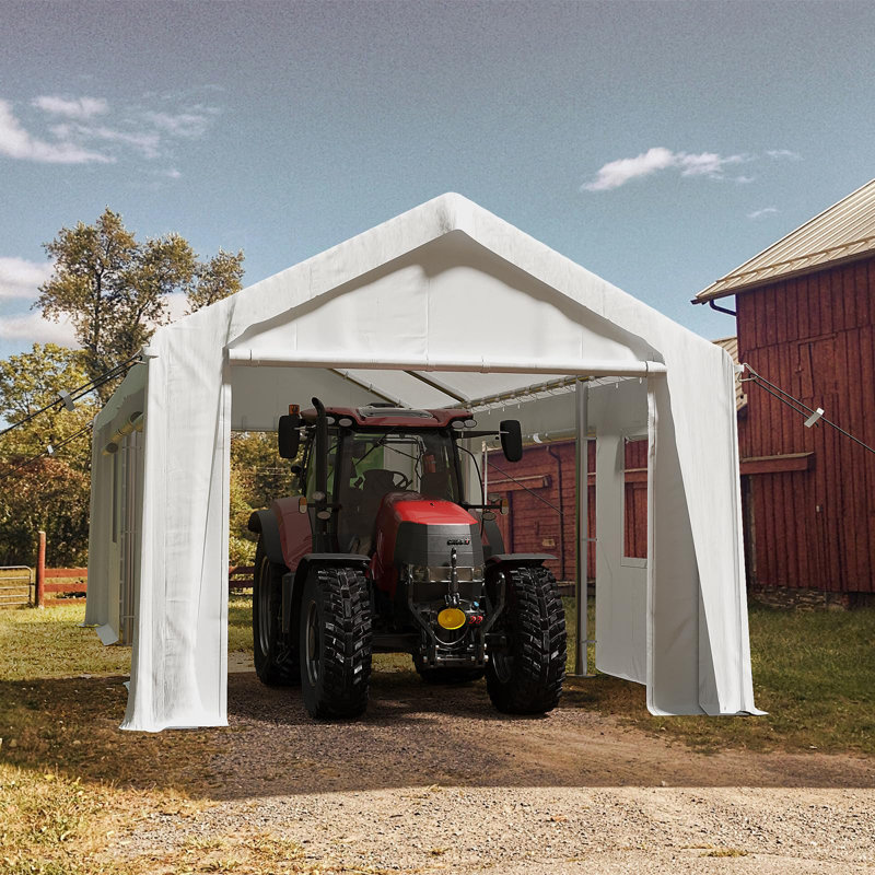 12x20FT Heavy Duty Carport Outdoor Canopy Portable Garage with 4 Doors & 4 Windows Waterproof UV Resistant Storage Shelter with Removable Sidewalls for Car Truck Boat, White