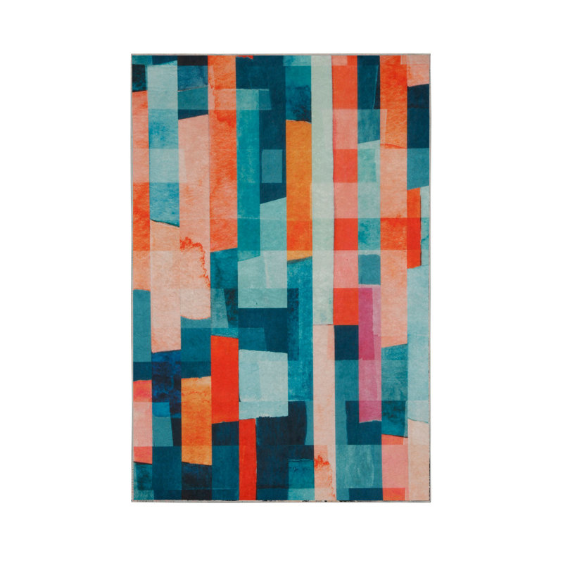 Tapis géométrique orange / bleu Laine, Rectangle 2 pi 7 po x 3 pi 11 po