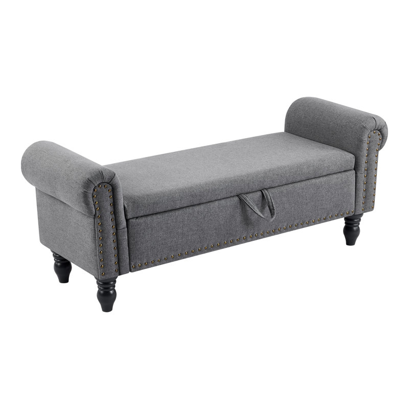 Upholstered Storage Bench for End of Bed with Roller Arms, Bench with Storage for Queen Bed, Dark Grey, Dark Grey