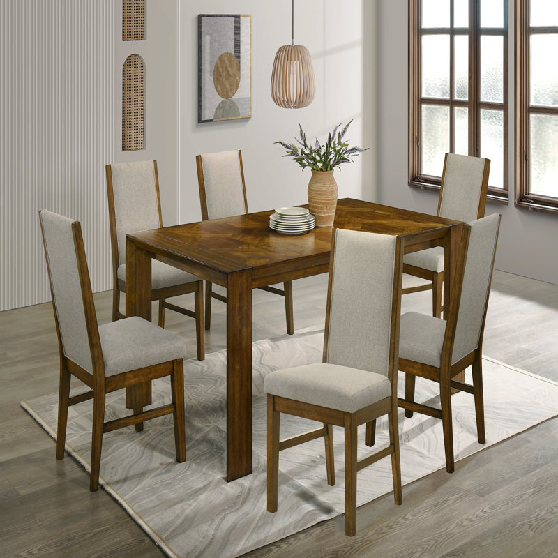 7 pièces Table de salle à manger rectangulaire en bois massif tissé à la main, 7 pièces : table, 6 chaises