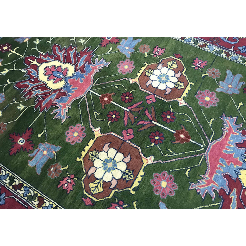 Hand-Knotted High-Quality Green and Wine Area Rug