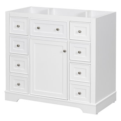 Meuble-lavabo simple blanc 36 po, sans lavabo, base d'armoire seulement, comptoir et éclaboussures en quartz blanc pur Edge, 1 porte à fermeture douce, 9 tiroirs à queue d'aronde pleine extension, nickel brossé