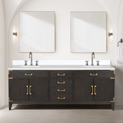 Brown Oak Double Bath Vanity 84 In. W X 22 In. D, Quartz Top, And Faucet Set