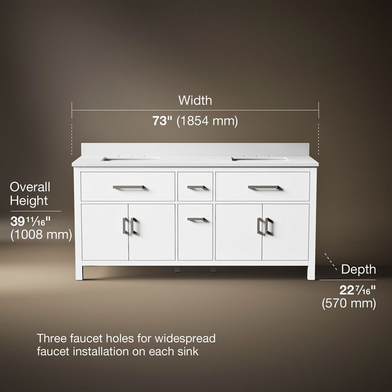Kresla Meuble-lavabo de salle de bain avec lavabos et comptoir en quartz, Blanc, Nickel brossé, 72"