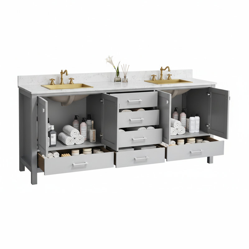 Meuble-lavabo double 84 po avec comptoir et lavabo 84 po, structure en bois massif, gris