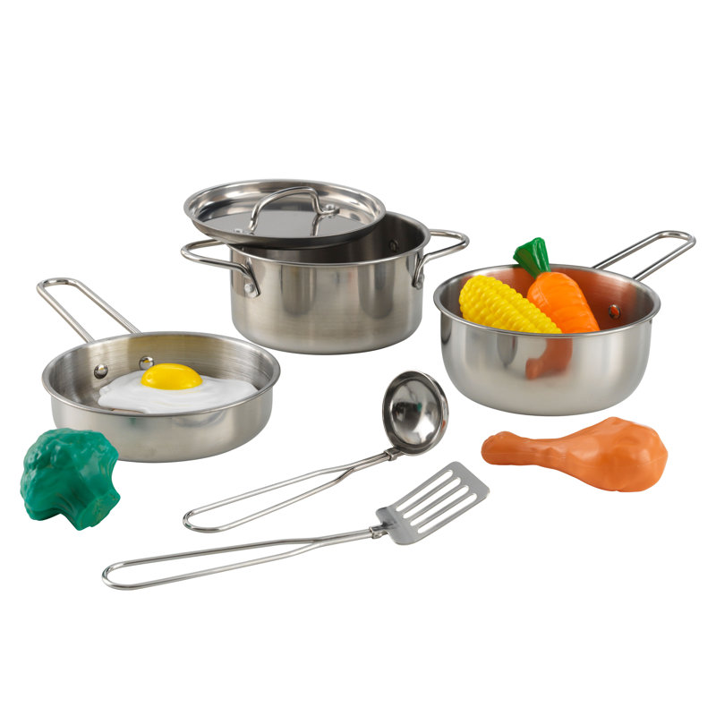 Deluxe Cookware Metal Play Set with 11 Pieces of Play Food