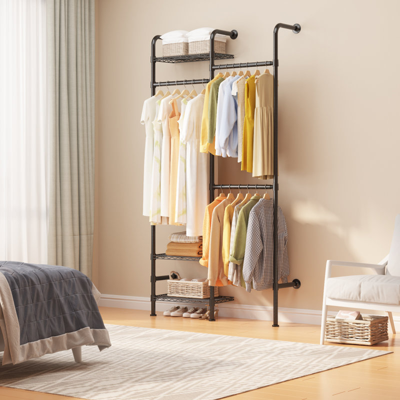 Wall Mounted Closet System, 2-Row Carbon Steel Clothes Rack with 3 Wire Shelves, Black Open Garment Organizer