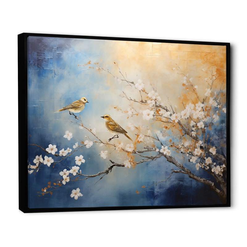 Oiseaux dorés et bleus sur un arbre floral - Art mural oiseau, H 34 po x l 44 po x P 1,5 po, Cadre flottant noir