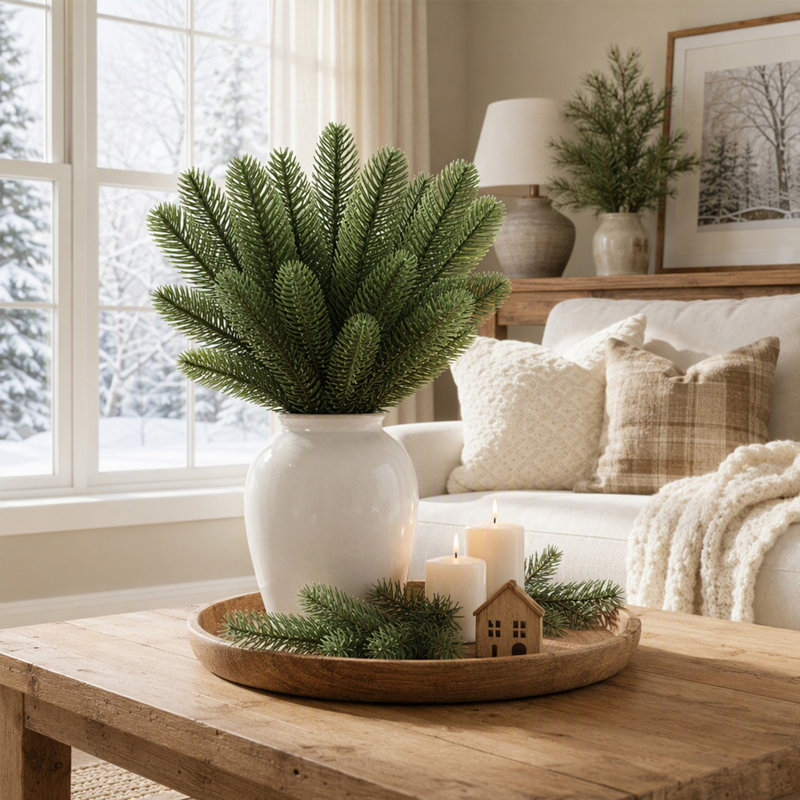 48 branches de pin artificielles, 26 cm (10,24 po), tiges flexibles pour la décoration de couronnes, guirlandes, sapins et décorations de Noël.